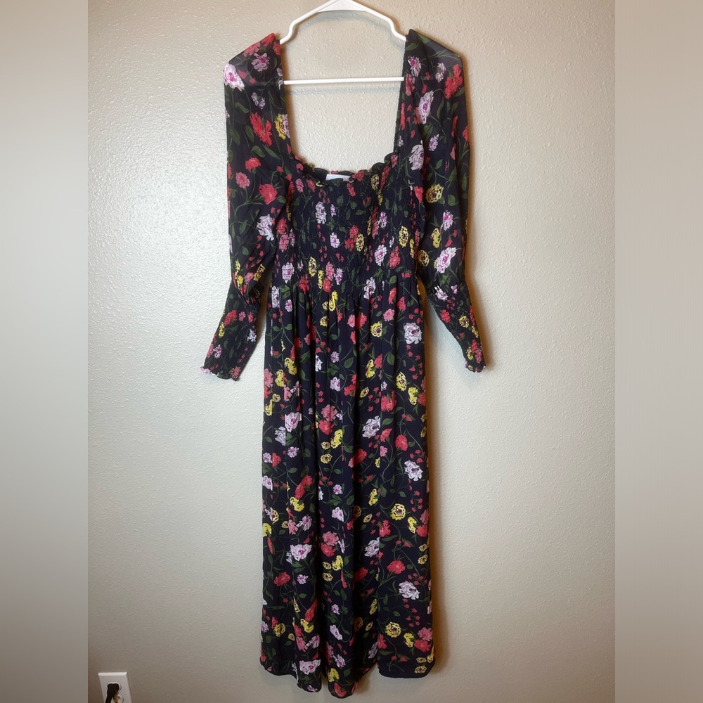 Hill House Midi Dress in Black with Pink, Red & Yellow Floral Print